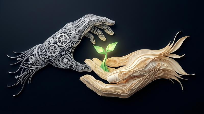 Compassionate Cybernetic Papercraft Hand & Human Hand Nurturing Luminous Sprout in Frameless Filigree